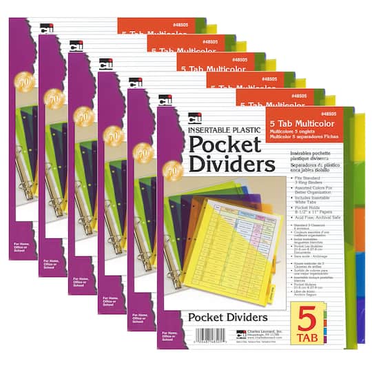 Charles Leonard 5-Tab Index Dividers with Pockets, 6 Packs of 5